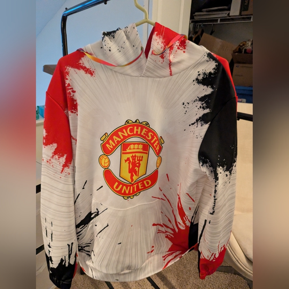 Manchester United Splatter Graphic Hoodie Red Black White - Size L - Streetwear